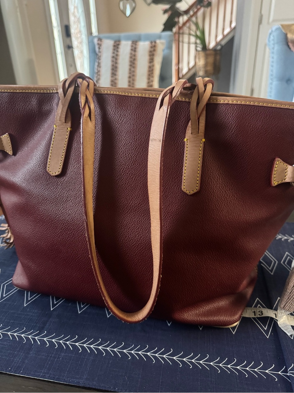 Dooney & Bourke Burgundy Leather Tote with Tan Trim - Picture 5 of 7
